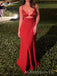 Sexy Deep V-neck Spaghetti Straps Red Satin Long Mermaid Evening Prom Dresses, MR9794