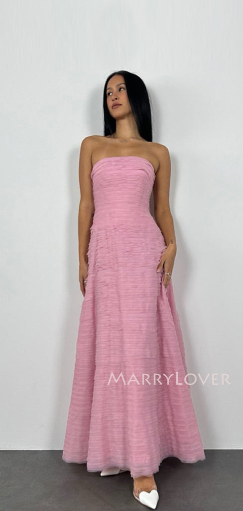 Morden Pink Tulle Long Evening Prom Dresses, Strapless Prom Dress, MR9797