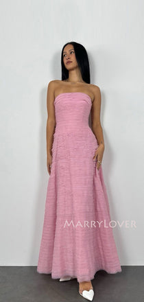 Morden Pink Tulle Long Evening Prom Dresses, Strapless Prom Dress, MR9797