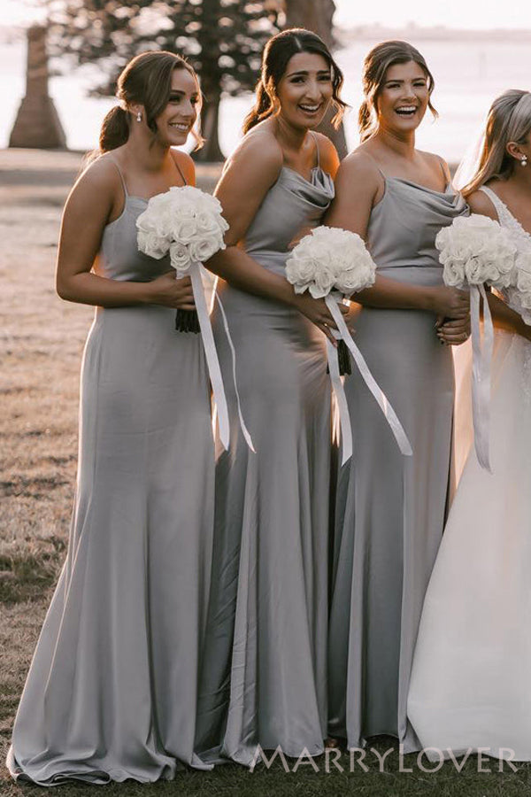 Simple Silver Grey Spaghetti Straps Side Slit Long Bridesmaid Dresses , MRB0001