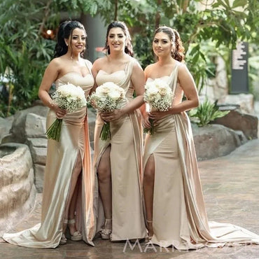 Mermaid One Shoulder Satin Side Slit Long Bridesmaid Dresses , MRB0002