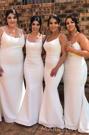 Elegant Spaghetti Straps White Satin Mermaid Long Bridesmaid Dresses , MRB0018
