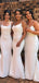 Elegant Spaghetti Straps White Satin Mermaid Long Bridesmaid Dresses , MRB0018