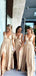 Champagne Jersey A-line V-neck Long Side Slit Cheap Bridesmaid Dresses , MRB0030