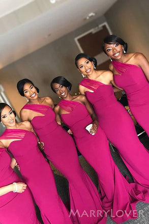 One Shoulder Fuchsia Mermaid Long Custom Bridesmaid Dresses , MRB0045