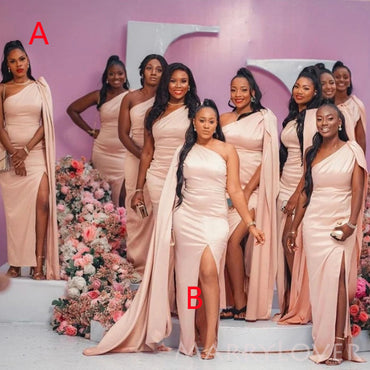 One Shoulder Satin Cheap Side Slit Long Custom Bridesmaid Dresses , MRB0049