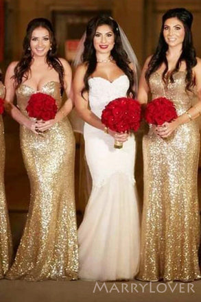 Sweetheart Mermaid Gold Sequins Strapless Long Custom Bridesmaid Dresses , MRB0054