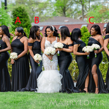 Mismatched Black Satin Cheap Custom Long Custom Bridesmaid Dresses , MRB0079