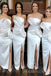 Strapless White Satin Mermaid Side Slit Cheap Long Custom Bridesmaid Dresses , MRB0083