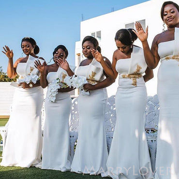 White Satin Appliques Mermaid Strapless Cheap Long Custom Bridesmaid Dresses , MRB0096