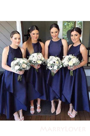 Navy Blue Satin A-line Custom Cheap Long Custom Bridesmaid Dresses, Short Bridesmaid Dress, MRB0101