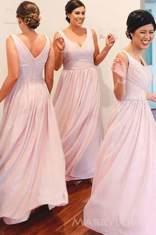 A-line Pink Chiffon Long Custom V-neck Bridesmaid Dresses, MRB0121