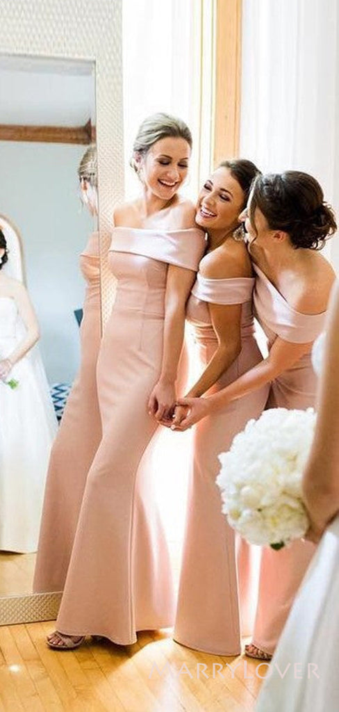 Popular Off Shoulder Mermaid Satin Long Custom Bridesmaid Dresses, MRB0124