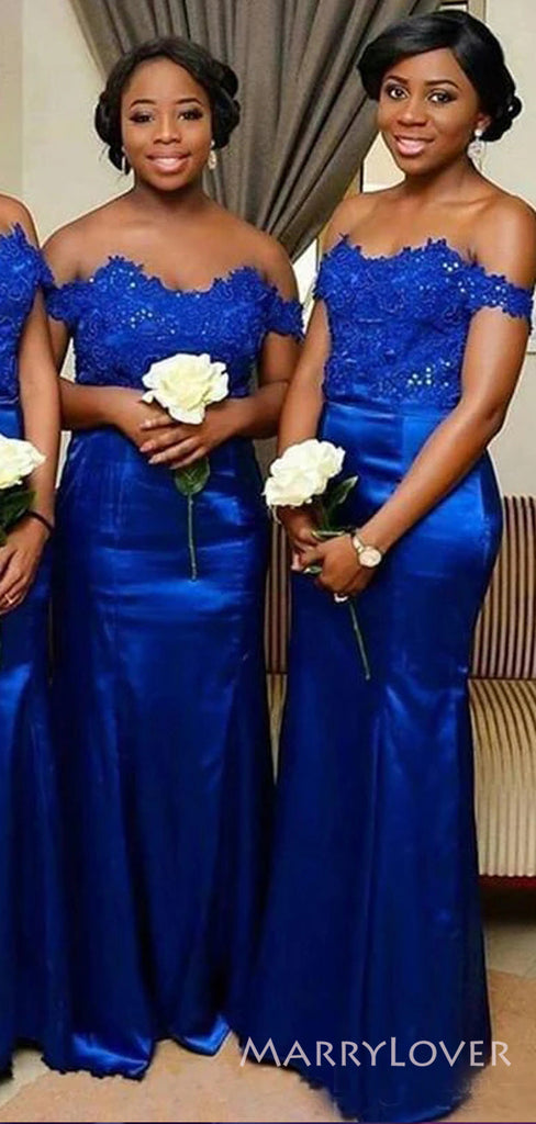 Royal Blue Satin Appliques Off Shoulder Mermaid Long Custom Bridesmaid Dresses, MRB0142