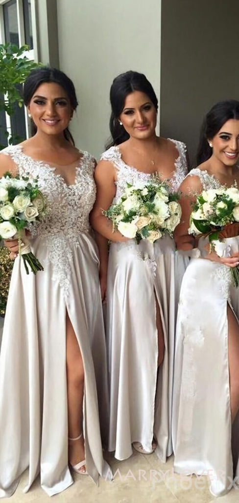 Ivory Satin Appliques Side Slit Long Cheap Custom Bridesmaid Dresses, MRB0163