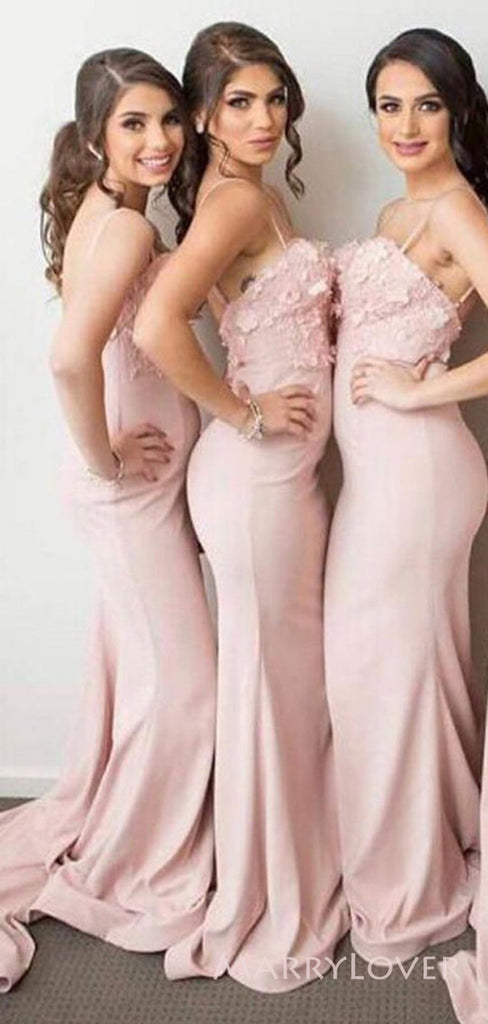 Spaghetti Straps Mermaid Pink Long Cheap Custom Appliques Bridesmaid Dresses, MRB0167