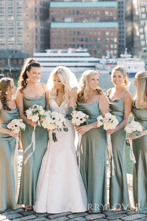 Spaghetti Straps Sage Green Satin Long Cheap Custom Mermaid Bridesmaid Dresses, MRB0175