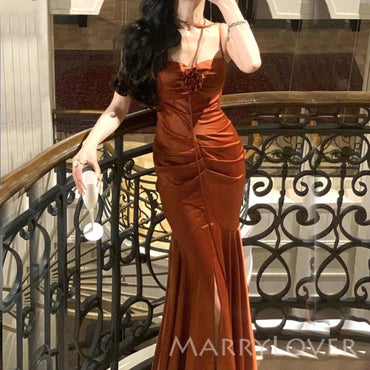 Burnt Orange Satin Spaghetti Straps Long Custom Mermaid Bridesmaid Dresses, MRB0204