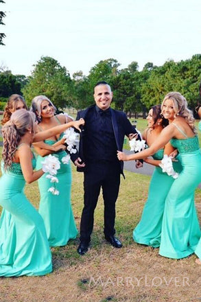 Spaghetti Straps Mermaid Mint Green Long Cheap Bridesmaid Dresses, MRB0210
