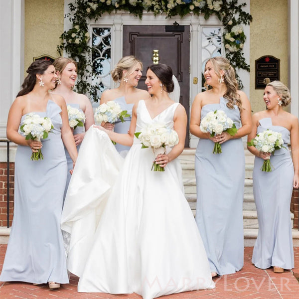 Mermaid Dusty Blue Strapless Long Cheap Custom Bridesmaid Dresses, MRB0218