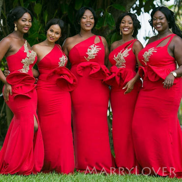 One Shoulder Red Mermaid Appliques Long Cheap Custom Bridesmaid Dresses, MRB0224