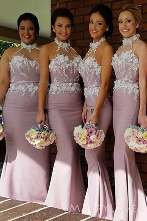 Morden Halter Mermaid Long Cheap Custom Appliques Bridesmaid Dresses, MRB0239