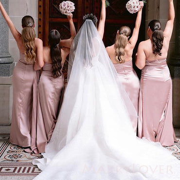 Rose Gold Satin Mermaid Strapless Long Cheap Custom Side Slit Bridesmaid Dresses, MRB0248