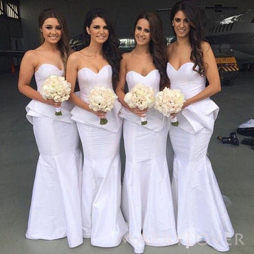 Sweetheart White Mermaid Long Cheap Custom Strapless Bridesmaid Dresses, MRB0251