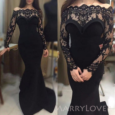 Long Sleeves Black Lace Mermaid Long Custom Bridesmaid Dresses, MRB0260