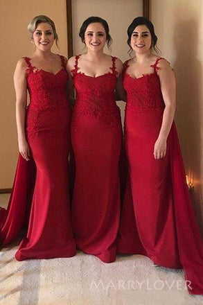 Formal Red Mermaid Straps Long Cheap Custom appliques Bridesmaid Dresses, MRB0274