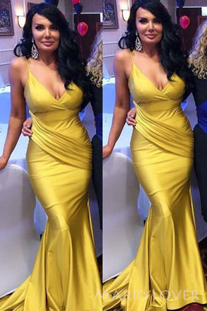 Popular V-neck Gold Satin Mermaid Long Cheap Custom Spaghetti Straps Bridesmaid Dresses, MRB0279