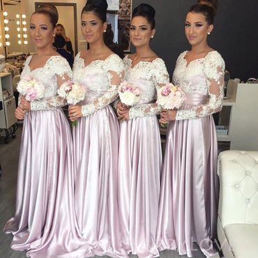 A-line Pink Satin Appliques Long Cheap Custom Long Sleeves Bridesmaid Dresses, MRB0282