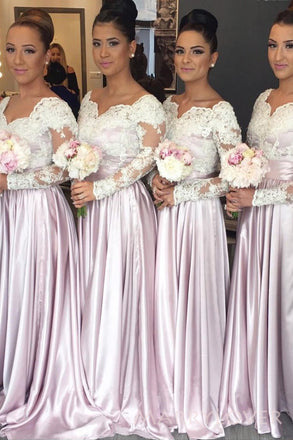 A-line Pink Satin Appliques Long Cheap Custom Long Sleeves Bridesmaid Dresses, MRB0282