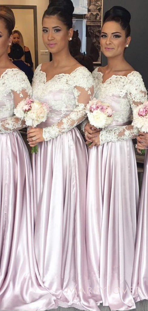 A-line Pink Satin Appliques Long Cheap Custom Long Sleeves Bridesmaid Dresses, MRB0282