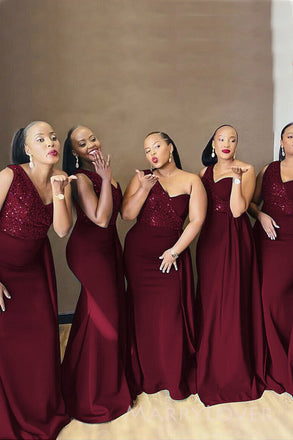 One Shoulder Burgundy Mermaid Long Cheap Custom Bridesmaid Dresses, MRB0294
