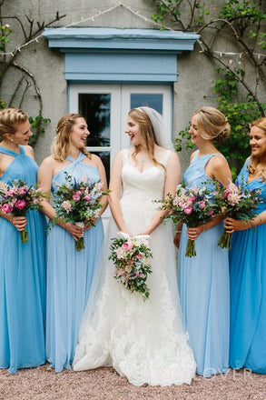 Mismatched Blue Chiffon A-lone Long Cheap Custom Bridesmaid Dresses, MRB0300