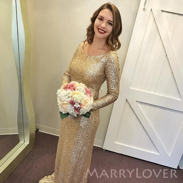 Gold Sequins Long Sleeves Scoop Long Custom Mermaid Simple Bridesmaid Dresses, MRB0311