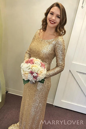 Gold Sequins Long Sleeves Scoop Long Custom Mermaid Simple Bridesmaid Dresses, MRB0311