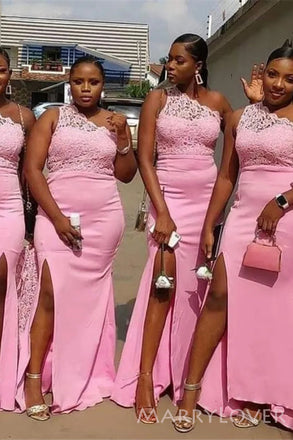 One Shoulder Lace Pink Long Custom Mermaid Bridesmaid Dresses, MRB0312