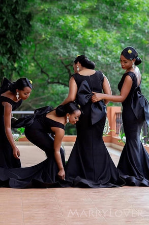 Formal Mermaid Black Satin Long Cheap Bridesmaid Dresses, MRB0326