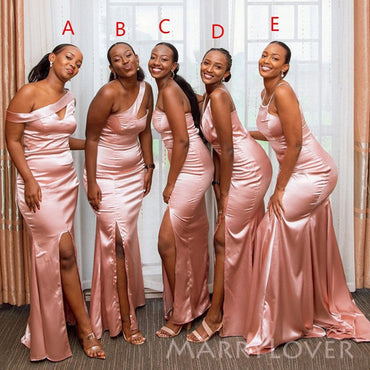 Mismatched Pink Satin Mermaid Long Cheap Side Slit Bridesmaid Dresses, MRB0329