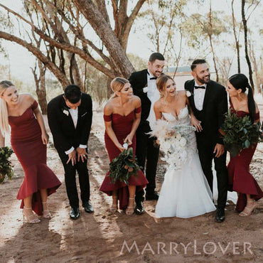 Off Shoulder Burgundy Mermaid Long Cheap Custom Satin Bridesmaid Dresses, MRB0338