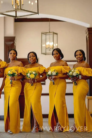 Off Shoulder Mermaid Long Cheap Custom Side Slit Bridesmaid Dresses, MRB0341