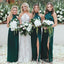 Dark Green Satin Halter Side Slit Long Custom Bridesmaid Dresses, MRB0113