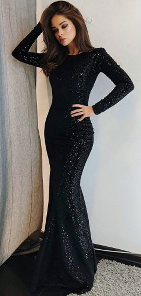 Mermaid Black Long Sleeves Sequin Evening Party Dresses, Long Prom Dresses, OL105