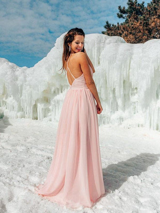 Simple Deep V Neck Pink Long Evening Prom Dresses, Sweet 16 Prom Dresses, PY008
