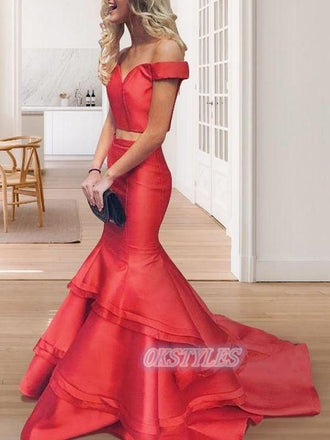 Two Piece Mermaid Off Shoulder Long Prom Dresses, OL012