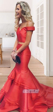 Two Piece Mermaid Off Shoulder Long Prom Dresses, OL012