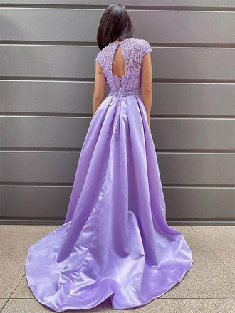 Beaded Side Slit Cap Sleeves Long Prom Dresses, Cheap Evening Prom Dresses, PY017