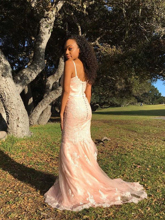 Mermaid Pink Applique V Neck Evening Prom Dresses, Sweet 16 Prom Dresses, OL090